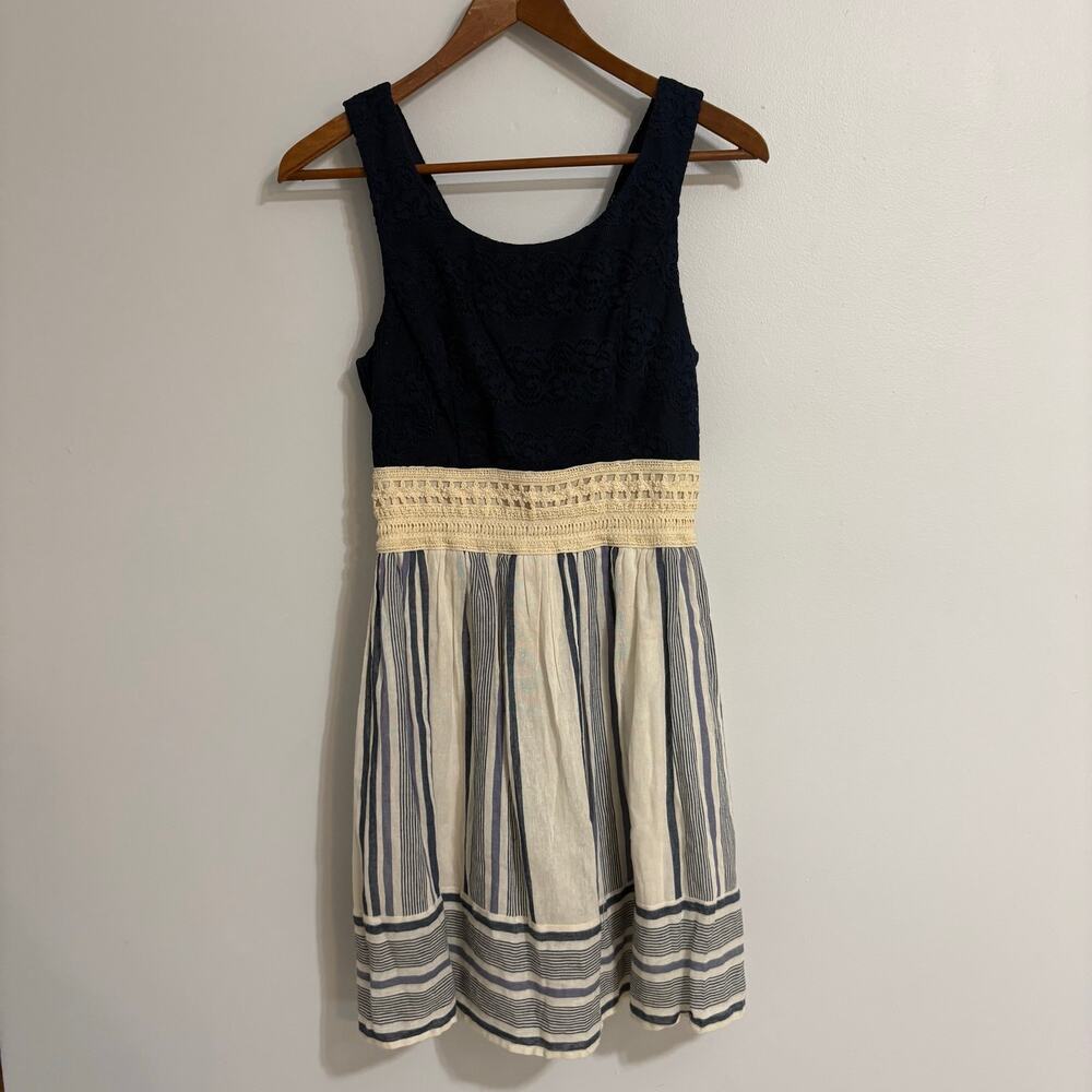 Trixxi Medium Boho Midi Dress Lace Detail Lined Navy Coastal Cottage Beachy